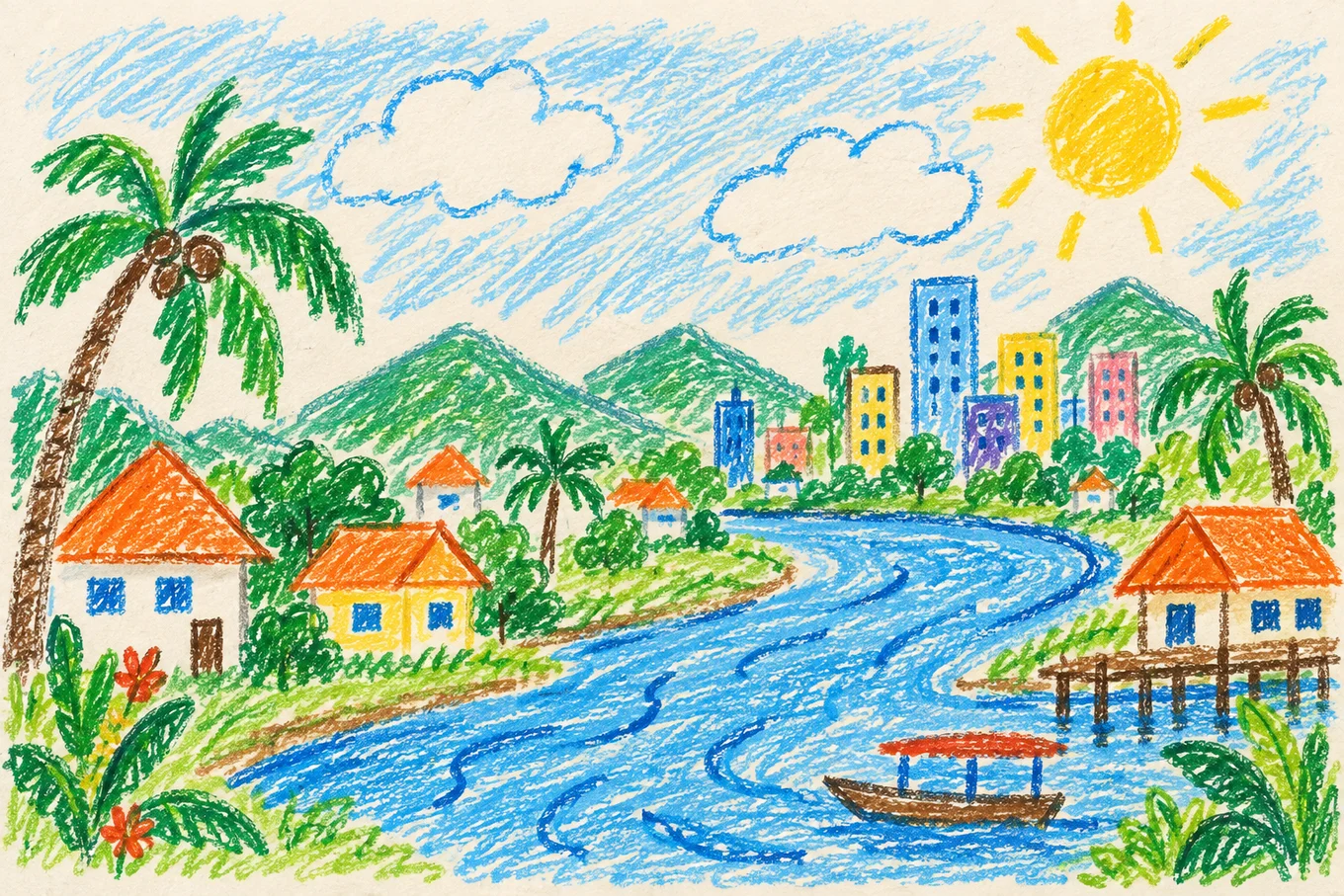 Playful crayon drawing of a sunny Indonesian riverside town, with colorful houses, palms, green hills, and a bright yellow sun.