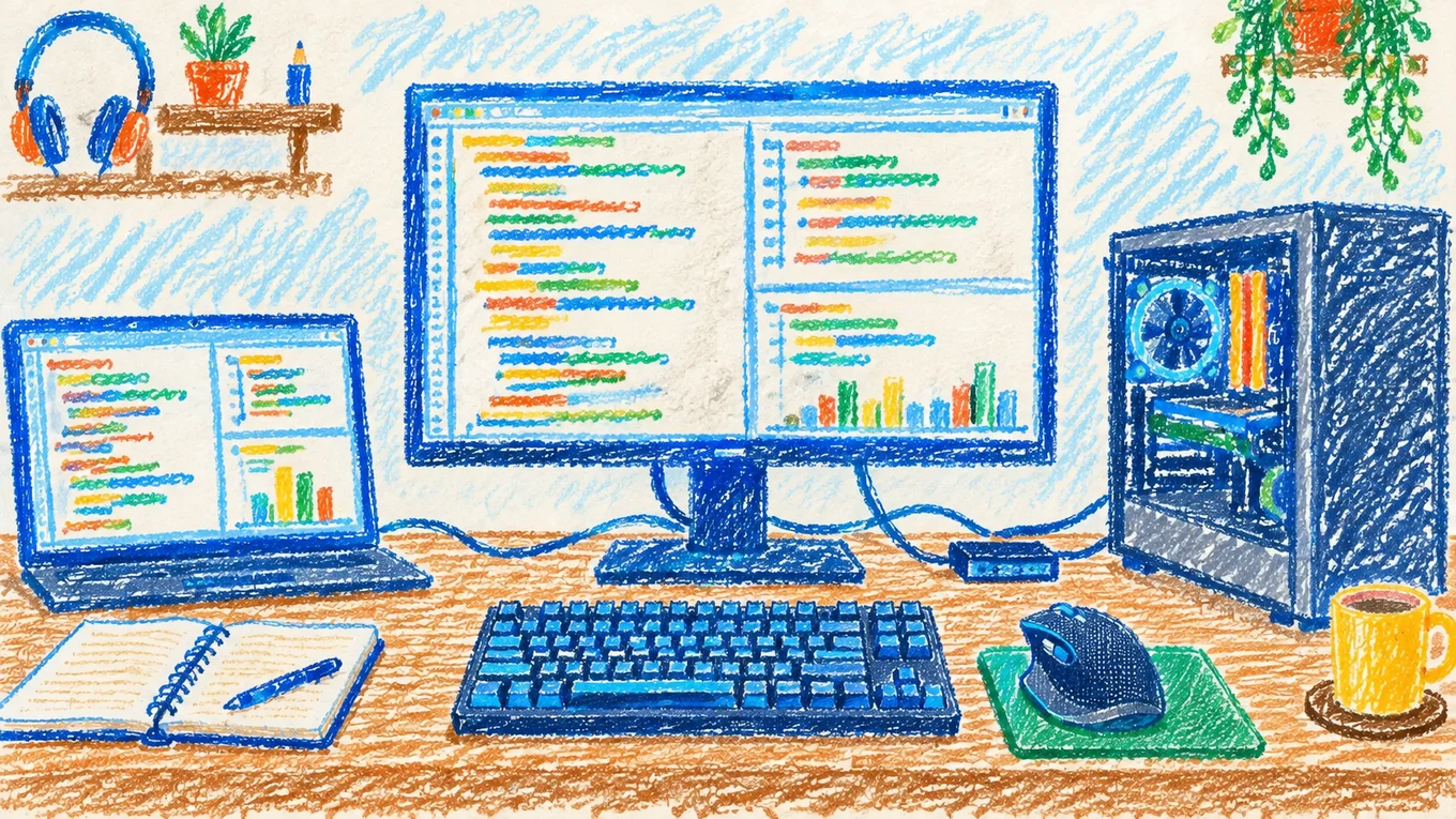 Playful crayon drawing of a desk with a large monitor, smaller screen, desktop PC, keyboard, mouse, notebook, and a yellow mug.