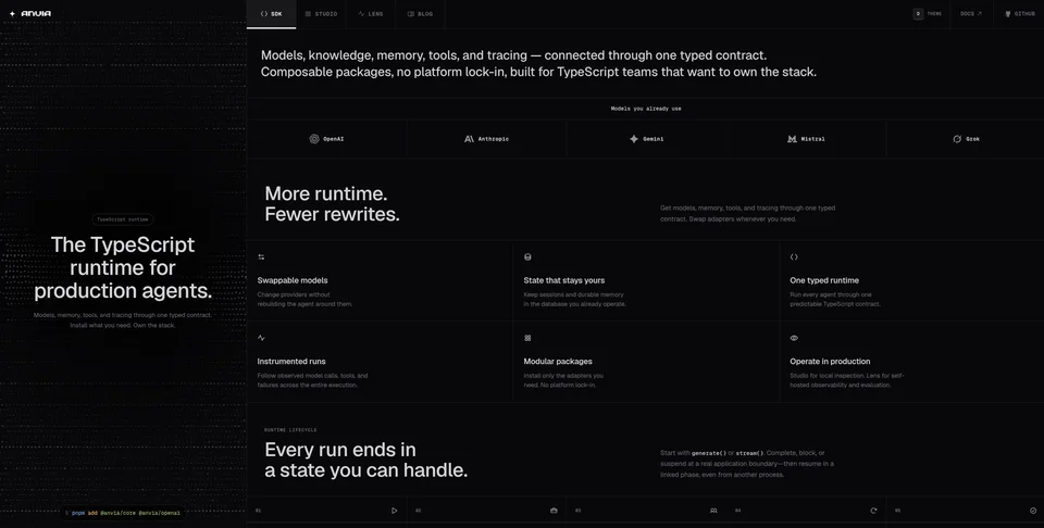 Anvia website showing its TypeScript agent runtime and product capabilities