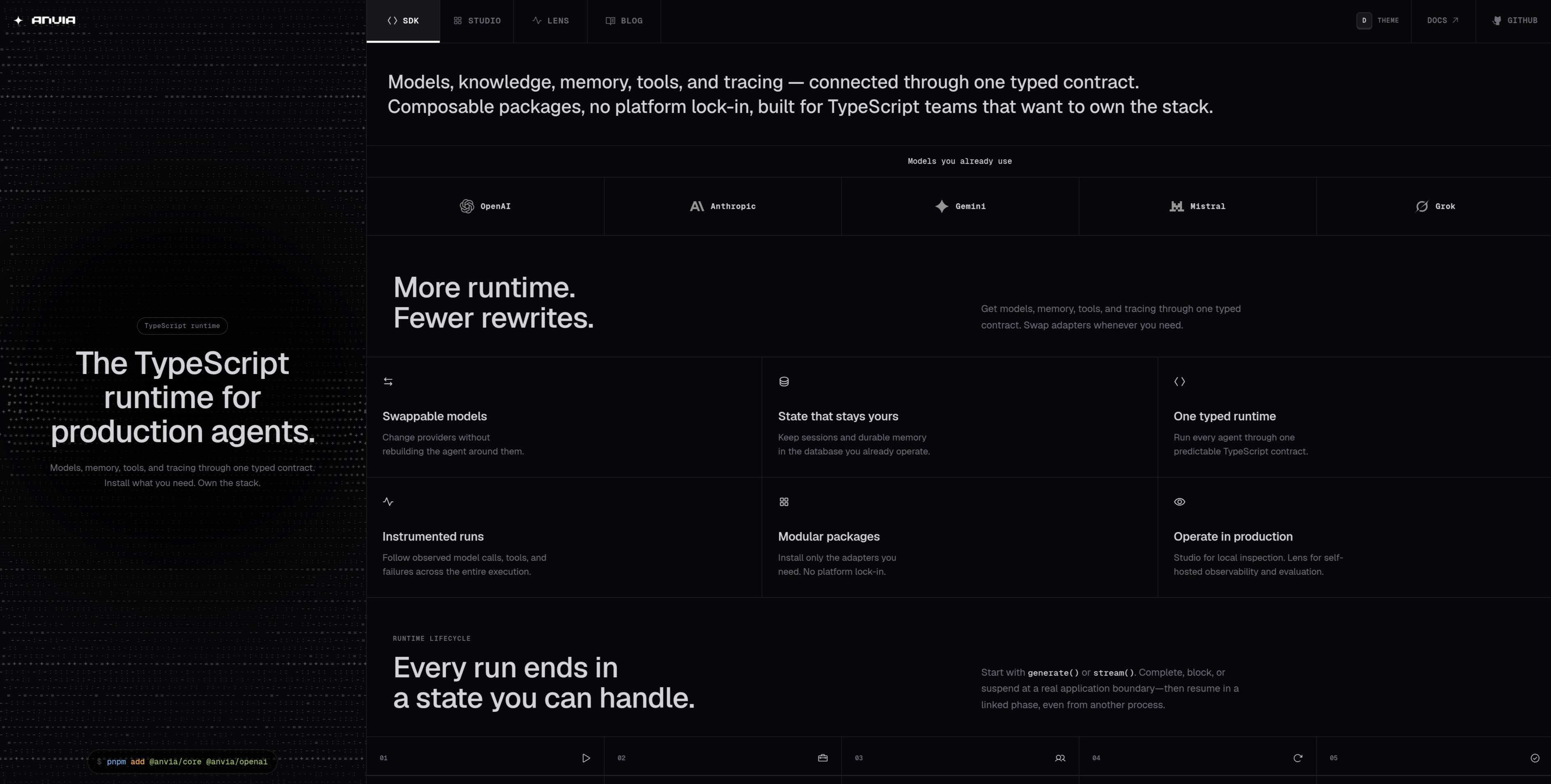 Anvia website showing its TypeScript agent runtime and product capabilities