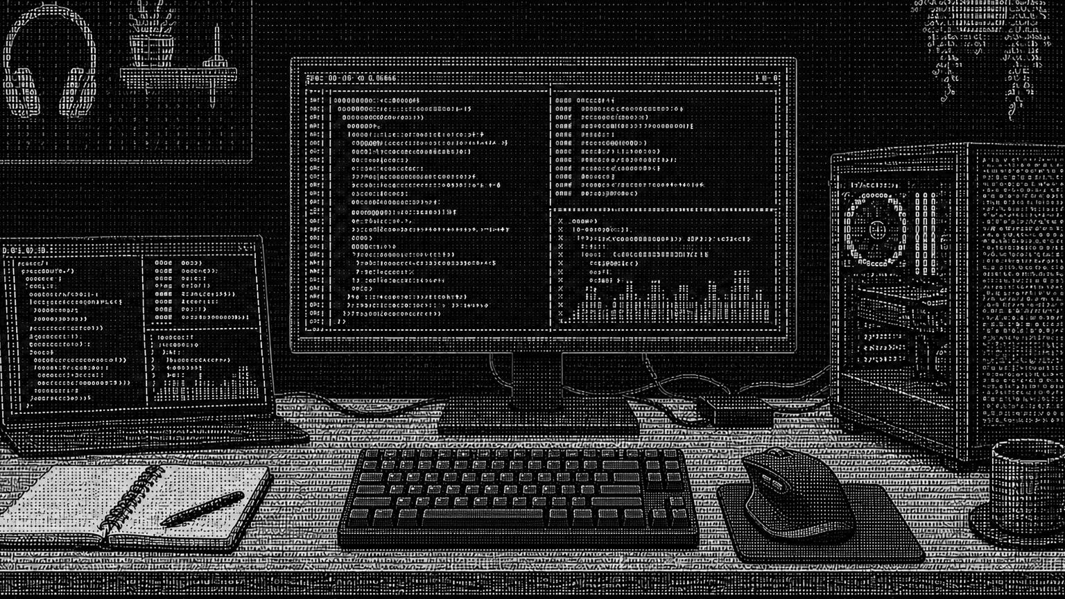 A frontal monochrome ASCII-art workstation with a large 4K monitor, Lenovo portable monitor, custom PC, mechanical keyboard, ergonomic mouse, notebook, and visible cables